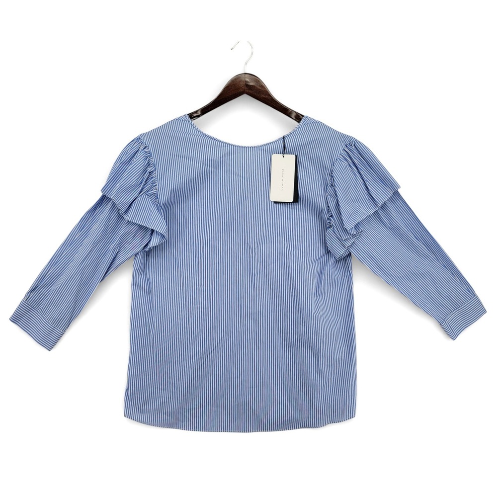 Zara Woman Womens M Blouse Cotton Blue Stripe Ruffle Sleeve Top